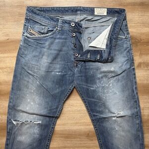 Diesel Jeans Men 32x28 Blue Darron Slim Tapered Leg Destroyed 0RQ60 (Hemmed)